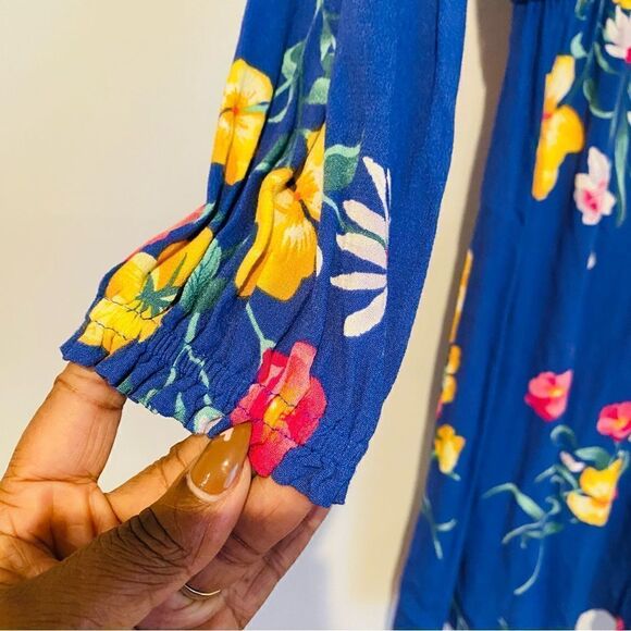 Old Navy Blue Pink Yellow Floral Blouson Long Sleeve Key Hole Dress Size Small - Picture 3 of 6